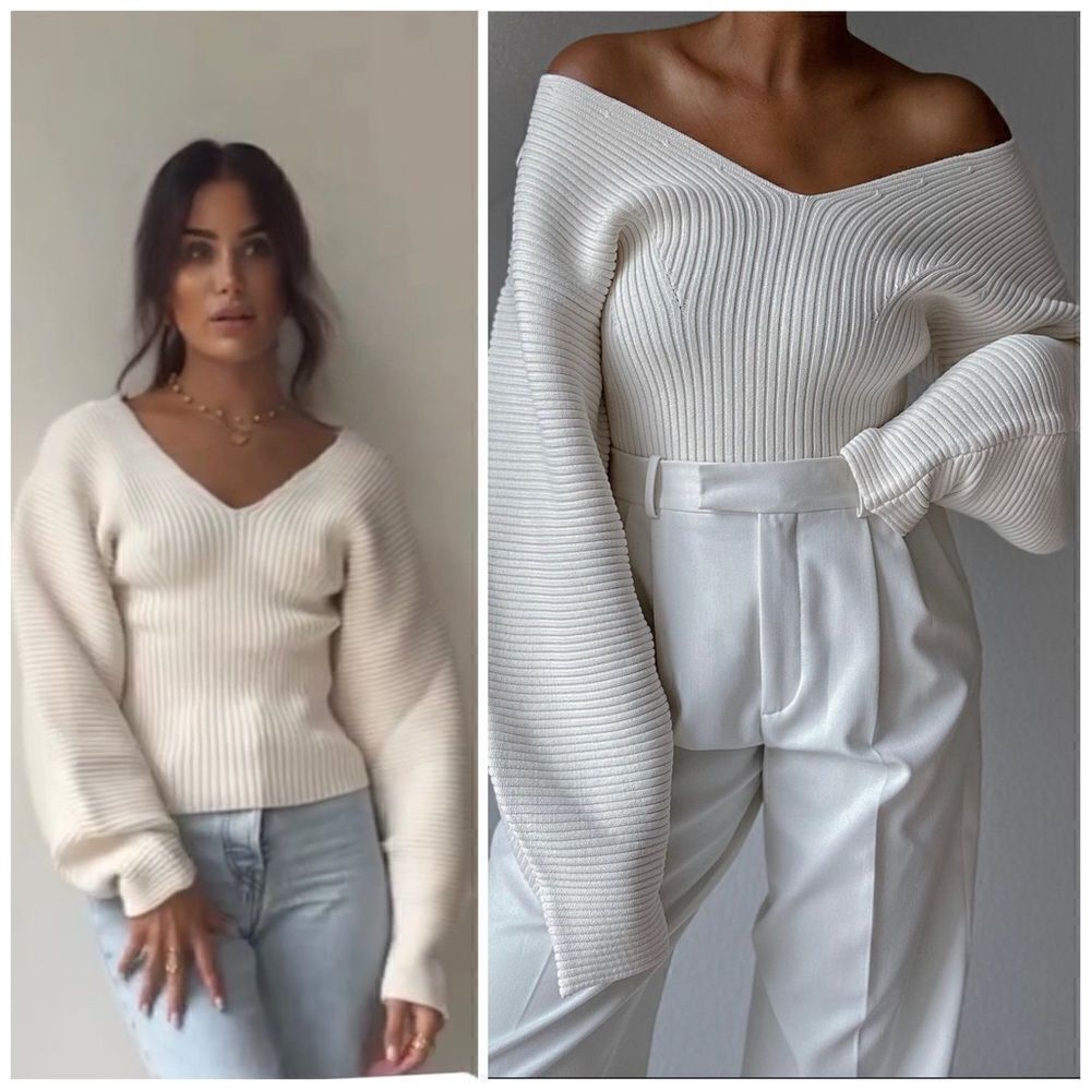 H&M Rib Knit Fitted Sweater Cream New